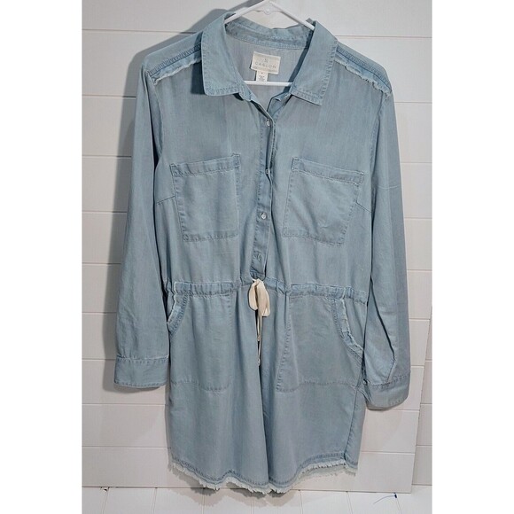 Caslon Women's Medium Chambray Shirt Dress Blue Drawstring Waist Mini Relaxed - Picture 1 of 9